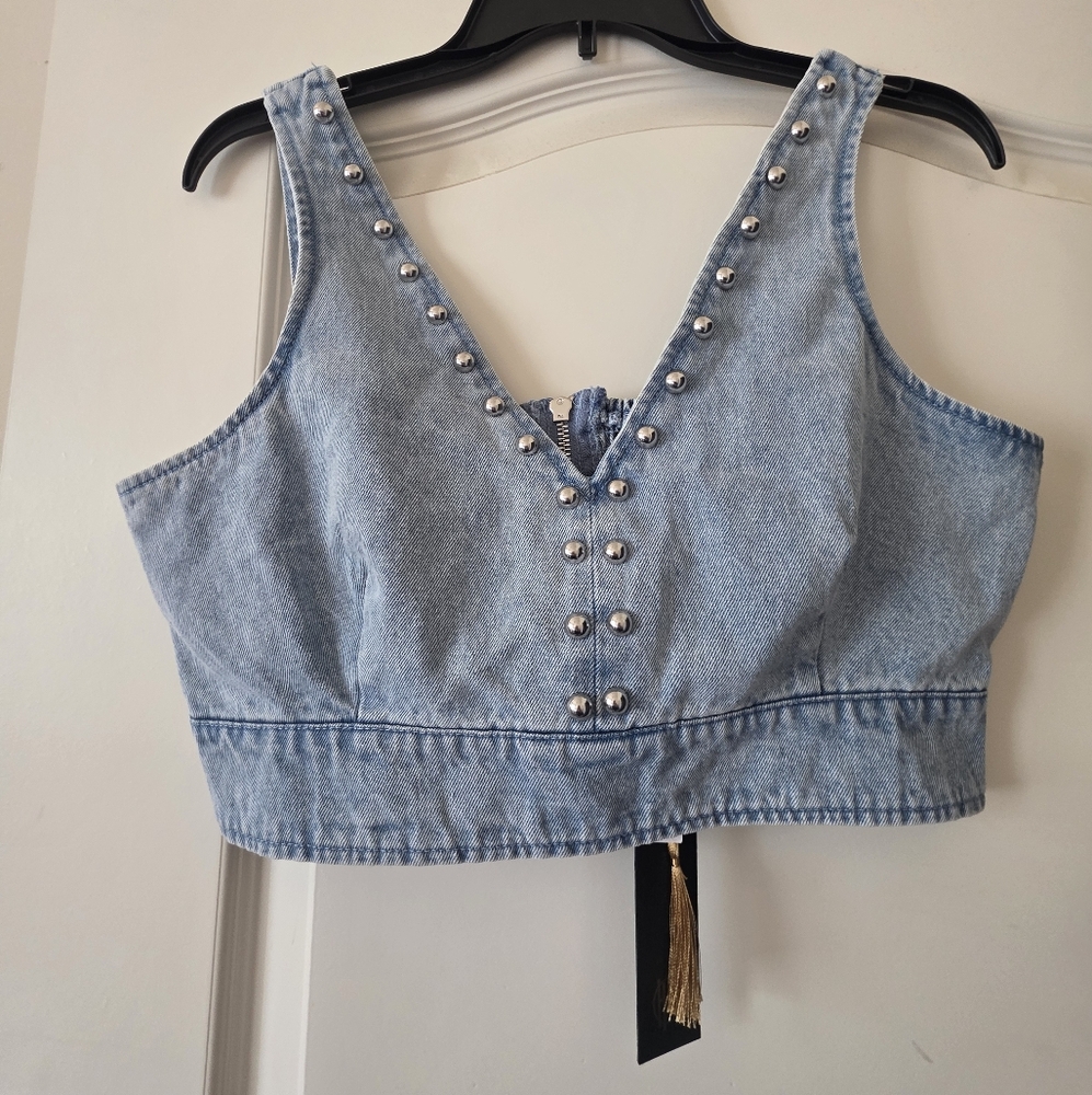 House of Harlow 1960 Denim Studded Crop Tank